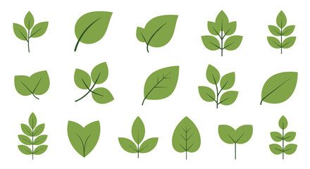 Obraz premium Collection of fifteen simple green leaf icons in a flat, minimalist style, showcasing a variety of natural shapes and designs.