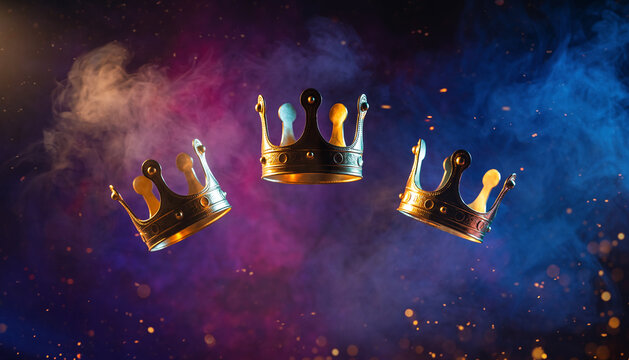 banner of Three gold crowns on blue background, symbol of Tres Reyes Magos ( Three Wise Men) who come bringing gifts for the kids on Epiphany or Dia de Reyes Magos, copy space
