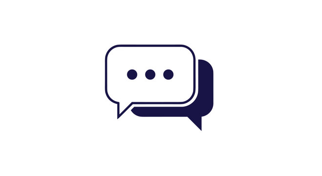 Minimalist dark blue icon representing a chat or message, with two overlapping speech bubbles, one containing three dots for typing.