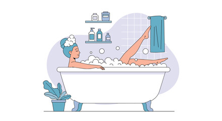 Naklejka premium Relaxed woman with her hair in a bun enjoying a luxurious bubble bath in a modern bathtub, surrounded by toiletries and a plant.
