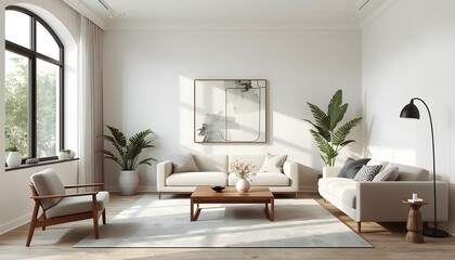 Fototapeta premium Contemporary living room interior design with modern furniture, comfortable sofa, fireplace, and window view