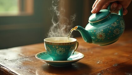 Green tea poured from teal teapot into cup on wooden table. Steam rises above. Tea ceremony concept. Idea for card or invitation. Asian drink with floral design on the ceramics.