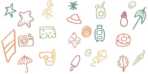Minimalist summer doodle set featuring beach icons like starfish, pineapples, swimsuits, luggage, umbrella, ice cream, camera, kite and tropical elements. Perfect for vacation, travel, beach .