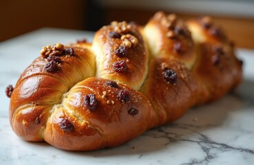 Close up of braided sweet brioche loaf with walnuts and raisins on marble surface. Freshly baked bread with golden brown crust is ready to eat. Perfect for food blogs, bakery ads, or holiday menus.