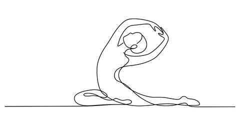 Continuous line art drawing of a person in a yoga pose, demonstrating flexibility, balance, and mindful well-being practice Vector, illustration