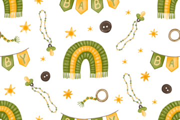 Baby boy and girl toys seamless pattern. Gender neutral seamless pattern for baby shower, fabric,background with toys. Hand drawn baby shower things, toy, rattle