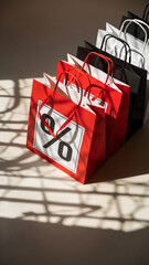 Black and red shopping bags in gradient row on light surface showcasing retail elegance and visual impact