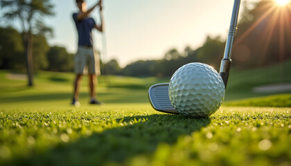 Golf ball on the green with a club and golfer in the background at sunset