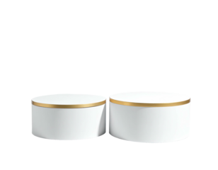 Two white cylindrical platforms with golden trim, set against a stark black background