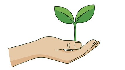 Illustration of a hand holding a small green plant  