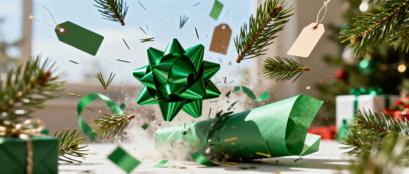 Exploding green Christmas cracker with flying gift bow and confetti. Dynamic festive holiday background. Panoramic banner - Powered by Adobe