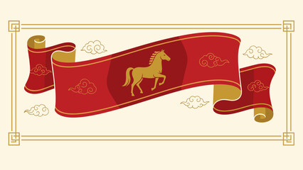 Illustration of a decorative red ribbon with a horse and cloud motifs on a light background
