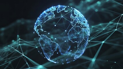 Glowing globe with polygonal mesh overlay against a dark background with connecting lines and dots