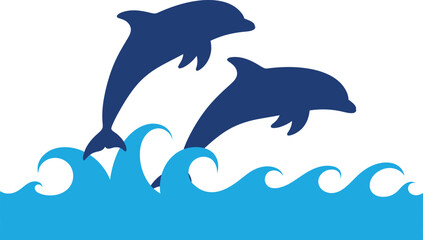 Obraz premium Two silhouetted dolphins leaping joyfully above vibrant blue ocean waves under a clear sky symbolizing freedom and the ocean isolated on white background