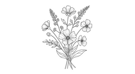Obraz premium Beautiful hand-drawn bouquet of delicate wildflowers, elegantly arranged and rendered in a detailed black and white line art style for a timeless look.
