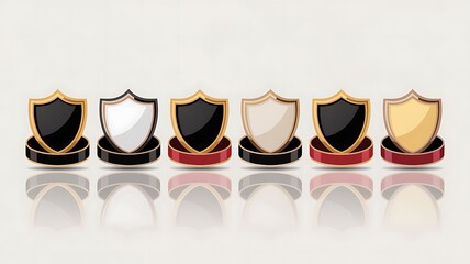 A row of six shields with varying colors and silver metallic trim on circular bases with reflections below, elegant metallic frames, premium label ornaments, luxury packaging