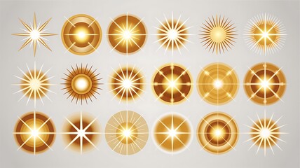 Shiny collection of golden light lens flares and circular shapes on a white background glowing starburst effects isolated sun glow and realistic lens flares with sparkle glare for decoration