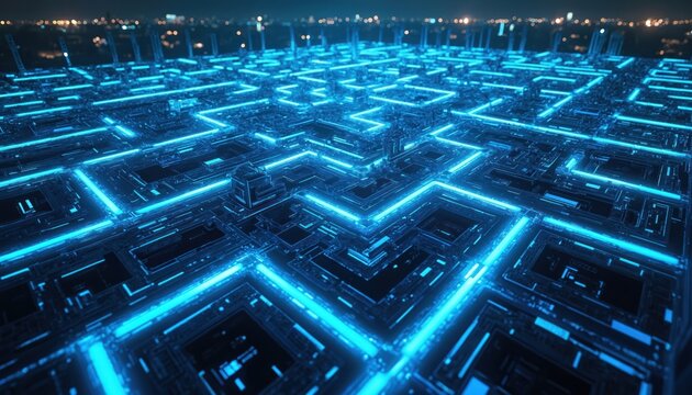 Abstract tech scene with neon blue lights. Digital futuristic labyrinth illuminated. Cyberpunk cityscape design with intricate structure. Night scene with glowing elements. Tech concept illustration - Powered by Adobe