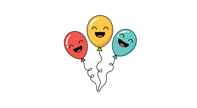 Whimsical illustration of three colorful cartoon balloons with adorable smiling faces and curly strings, perfect for birthday cards and party invitations. - Powered by Adobe