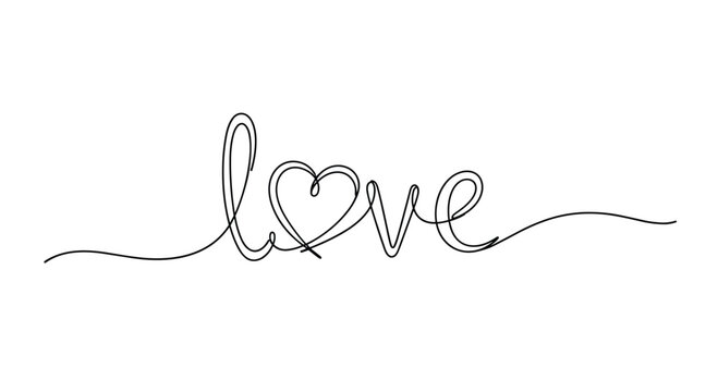 Romantic 'love' word written in a single continuous black line with a heart forming the letter 'o', symbolizing eternal love and connection.
