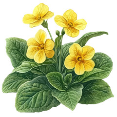 Primrose Flower, high quality watercolor illustration with transparent textures, isolated on a white background.