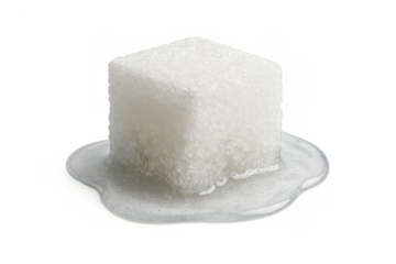 White sugar cube dissolving in liquid, creating a sweet syrup pond, isolated with transparency