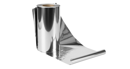 Shiny silver metallic foil roll unwinding on white background image