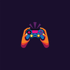 Hands holding blue video game controller with purple energy bursts