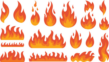 Cartoon flame illustrations, fire graphics, burning borders, stylized fire shapes, vector icons, red orange yellow gradient, heat effects