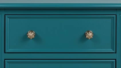 Modern children room furniture teal dresser detail with decorative star handles in trendy kids bedroom interior design