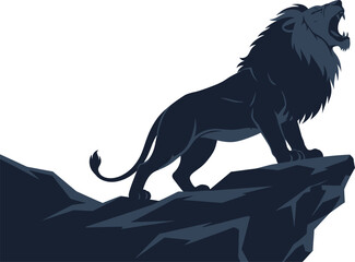 Majestic silhouette of a roaring lion standing proudly on a rocky outcrop against a bright sky isolated on white background