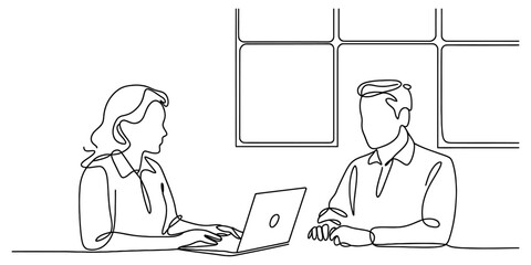 Continuous line drawing of two diverse business professionals collaborating, a woman typing on a laptop and a man listening in an office setting. Vector, illustration