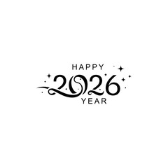 Happy 2026 Year text with stars and flourishes typography