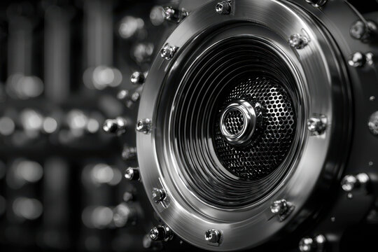 Detailed close-up of a metallic speaker part against a blurred background of audio equipment - Powered by Adobe