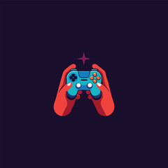 Red hands holding blue video game controller with purple star