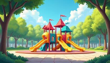 Illustration displays kids playground in nature park. Slide construction, yellow and red design with blue sky. Trees stand around play zone. Park background with nobody on a summer day.