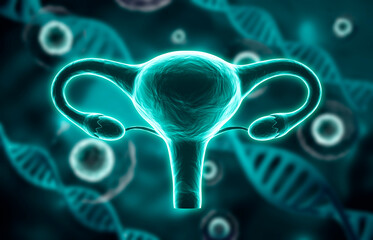 Uterus. Female reproductive system on blurred background with DNA