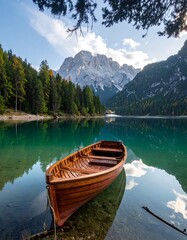 Obraz premium Serene alpine lake with wooden boat (1)
