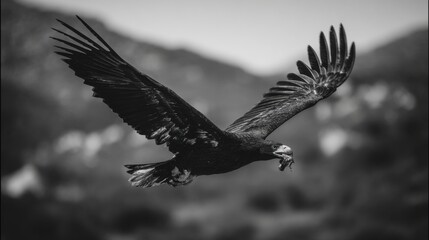 Obraz premium black and white photograph of an eagle in flight, with its wings spread wide, holding food in one talon, against the natural backdrop 