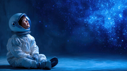 A child dressed in a white astronaut suit sits on the ground, looking up in wonder at a beautiful starry sky filled with glowing stars and cosmic colors