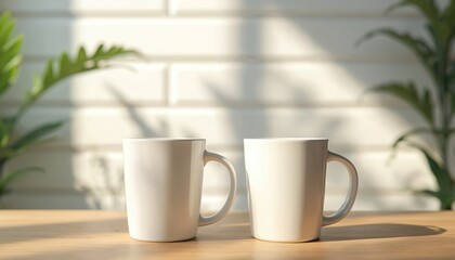 Obraz premium Two white coffee mugs stand on wooden table. Plants and shadows create a cozy morning atmosphere. Simple decor is perfect for home or cafe setting.