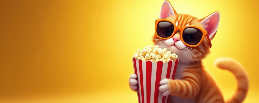 Orange tabby cat with sunglasses holds popcorn bucket. Funny illustration on yellow background suitable for cinema movie related topics. Cute kitten ready for film viewing and leisure time.