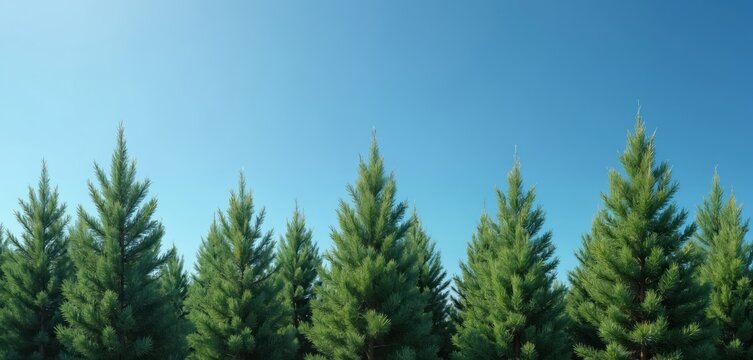 Row of young pine trees stretches across clear blue sky. Rich green foliage contrasts with bright azure backdrop creating serene natural scene. This image represents tranquility and wilderness.