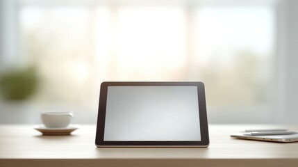 Tablet is sitting on a table with a cup of coffee next to it. Business research.