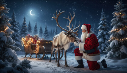 In a snowy forest, Santa Claus kneels to greet his reindeer as stars twinkle above. A sleigh filled with presents rests nearby, illuminated by gentle lights