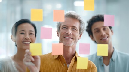 Man and two women are smiling and holding up sticky notes. Business research.
