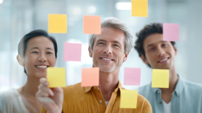 Man and two women are smiling and holding up sticky notes. Business research.