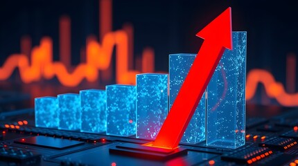 Successful Bull Market Growth Chart with Rising Red Arrow and 3D Blue Bars
