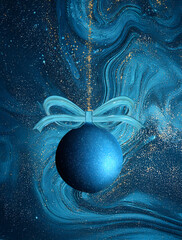 Blue Christmas ball with festive ribbon on winter background.