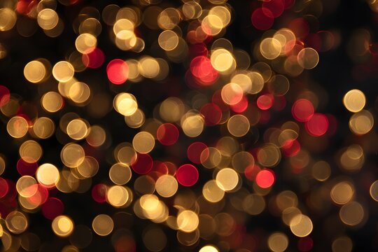 Festive golden and red bokeh background overlay, abstract Christmas holiday lights texture for celebration, luxury branding, or vibrant nocturnal event design backdrop.